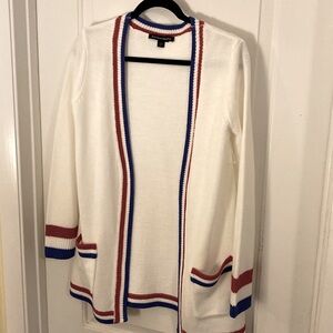 Boston Proper White Cardigan Sweater with Red and Blue Trim Size Small
